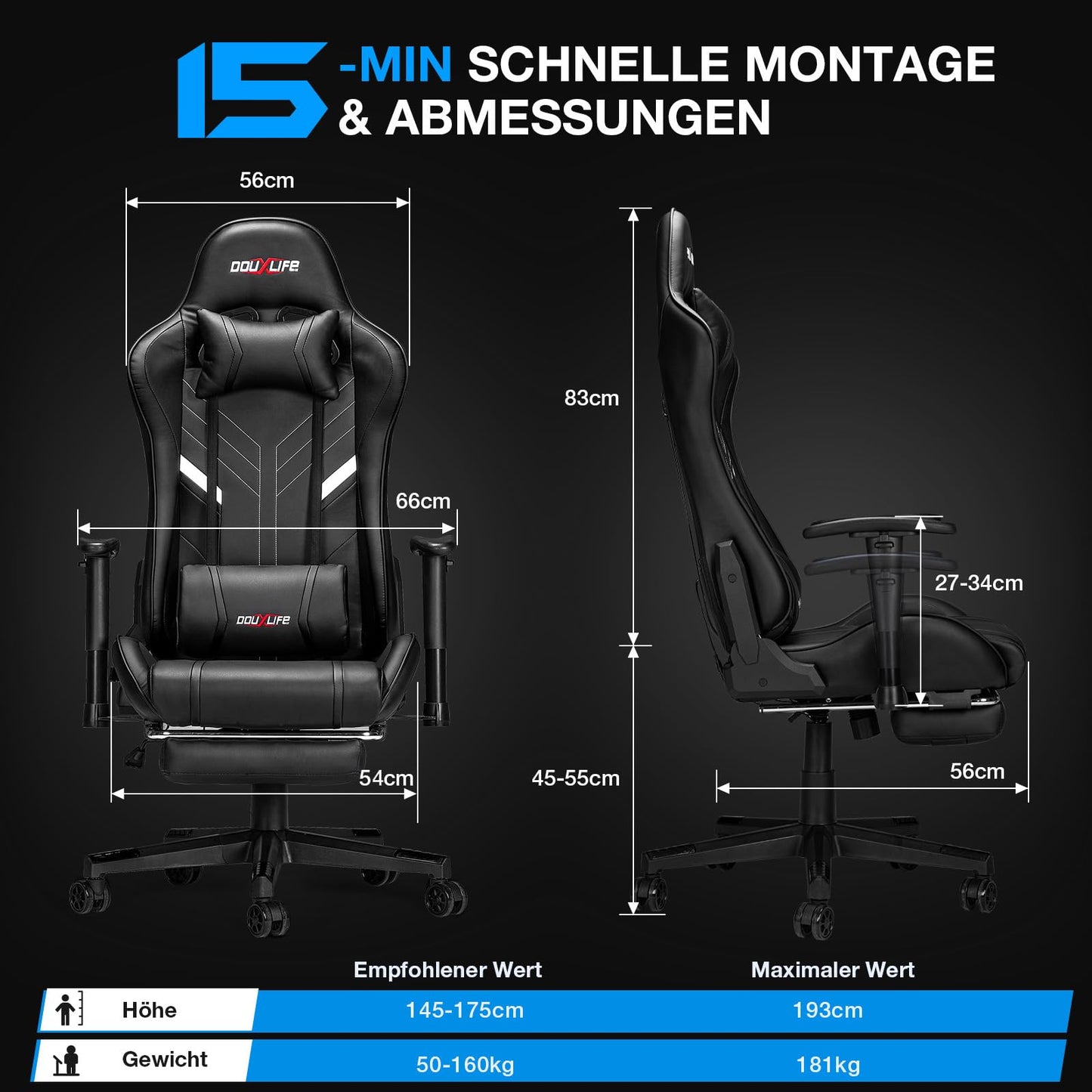 Gaming Stuhl mit Massage & Fußstütze – Ergonomischer Bürostuhl, 90–175° verstellbare Rückenlehne, 2D Armlehnen, bis 180 kg, Schwarz