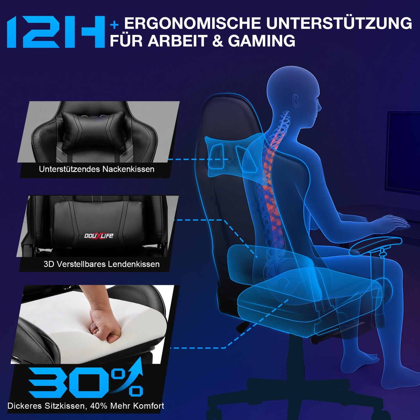 Gaming Stuhl mit Massage & Fußstütze – Ergonomischer Bürostuhl, 90–175° verstellbare Rückenlehne, 2D Armlehnen, bis 180 kg, Schwarz