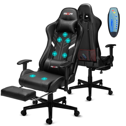 Gaming Stuhl mit Massage & Fußstütze – Ergonomischer Bürostuhl, 90–175° verstellbare Rückenlehne, 2D Armlehnen, bis 180 kg, Schwarz