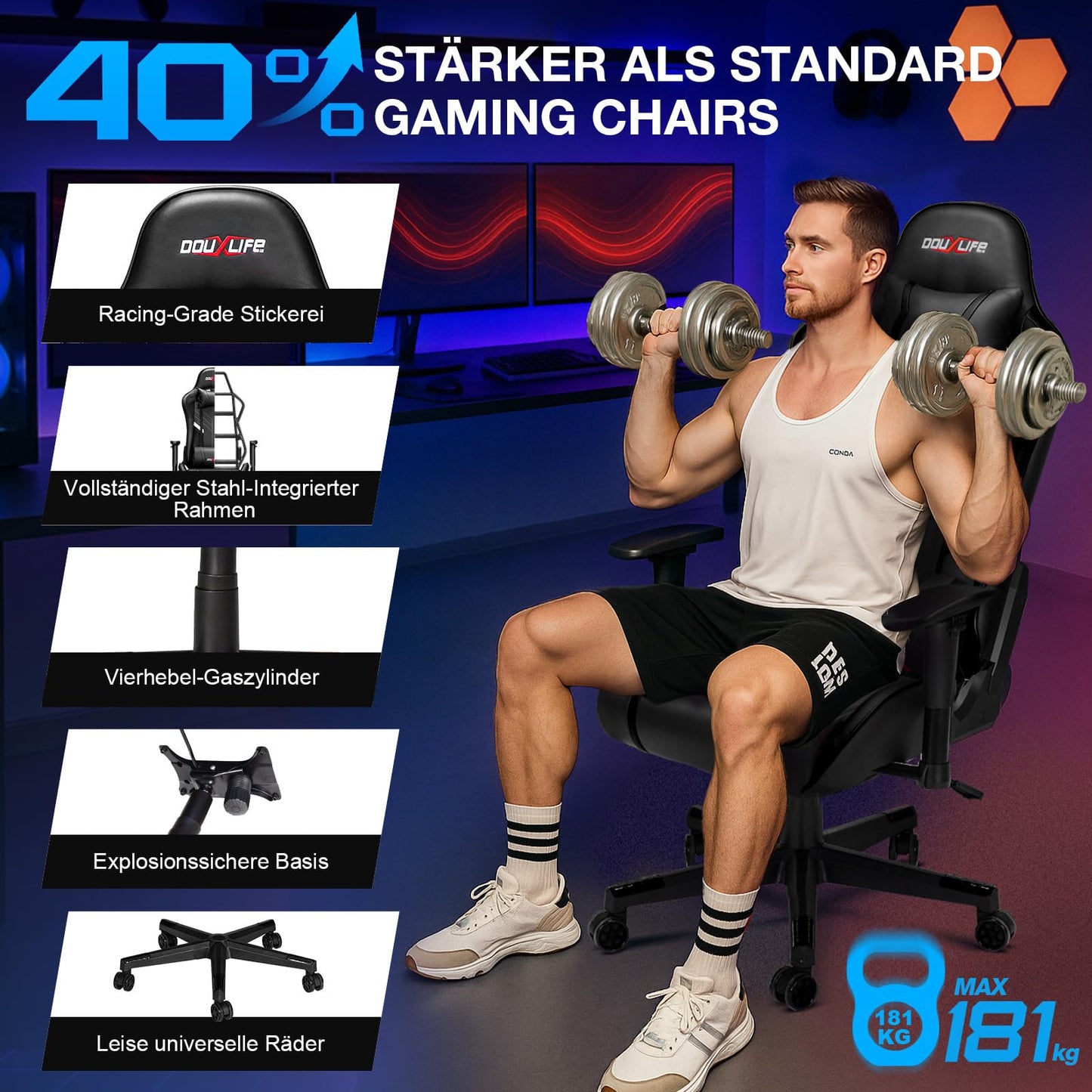 Gaming Stuhl mit Massage & Fußstütze – Ergonomischer Bürostuhl, 90–175° verstellbare Rückenlehne, 2D Armlehnen, bis 180 kg, Schwarz