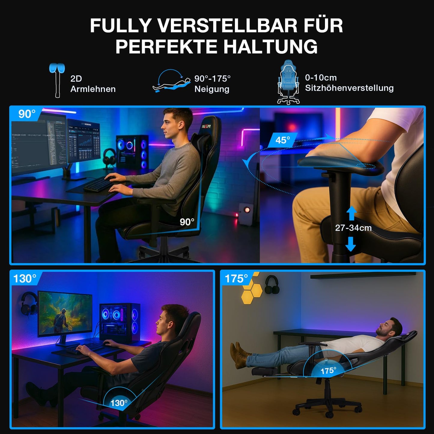 Gaming Stuhl mit Massage & Fußstütze – Ergonomischer Bürostuhl, 90–175° verstellbare Rückenlehne, 2D Armlehnen, bis 180 kg, Schwarz