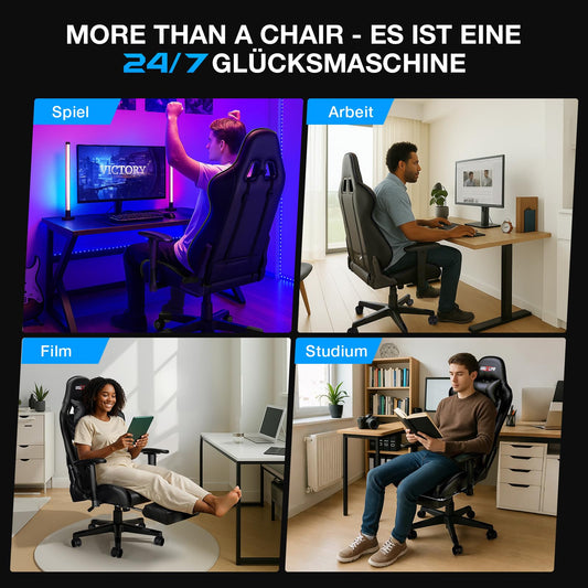 Gaming Stuhl mit Massage & Fußstütze – Ergonomischer Bürostuhl, 90–175° verstellbare Rückenlehne, 2D Armlehnen, bis 180 kg, Schwarz